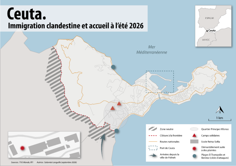 Carte de Ceuta après la crise de l'immigration clandestine de l'été 2026.